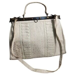 VTG Crocodile Embossed Handbag Women Large Cream Vintage Chic Retro Doctor Bag